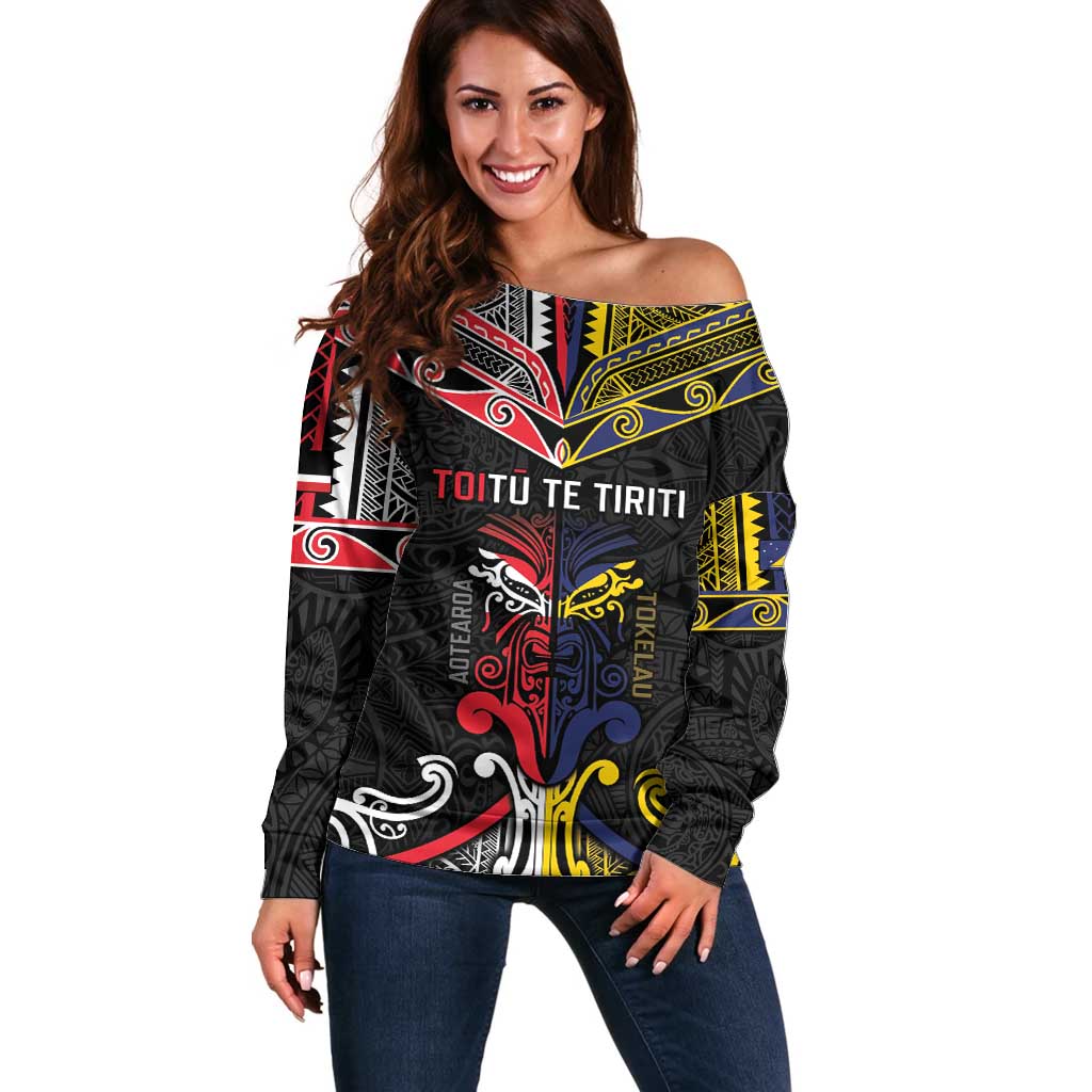 Tokelau And Aotearoa Off Shoulder Sweater Together For Te Tiriti O Waitangi LT05 Women Black - Polynesian Pride