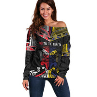Tokelau And Aotearoa Off Shoulder Sweater Together For Te Tiriti O Waitangi LT05 Women Black - Polynesian Pride