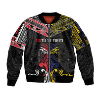 Tokelau And Aotearoa Sleeve Zip Bomber Jacket Together For Te Tiriti O Waitangi LT05 Unisex Black - Polynesian Pride