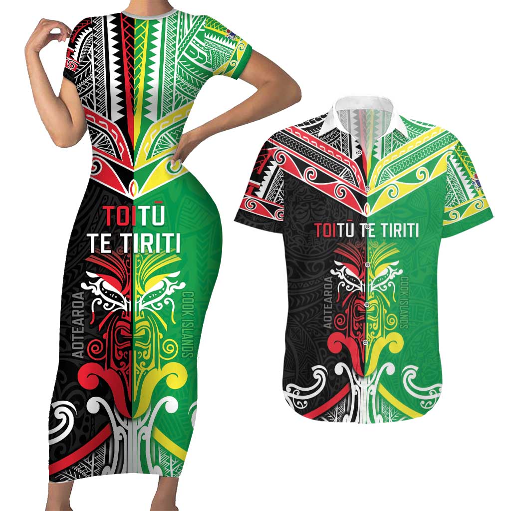 Cook Islands And Aotearoa Couples Matching Short Sleeve Bodycon Dress and Hawaiian Shirt Together For Te Tiriti O Waitangi