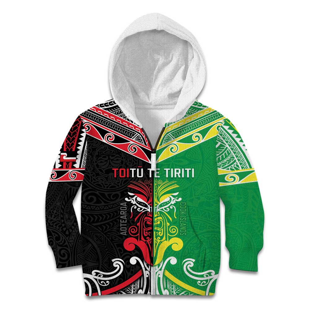 Cook Islands And Aotearoa Kid Hoodie Together For Te Tiriti O Waitangi LT05 Zip Hoodie Black - Polynesian Pride