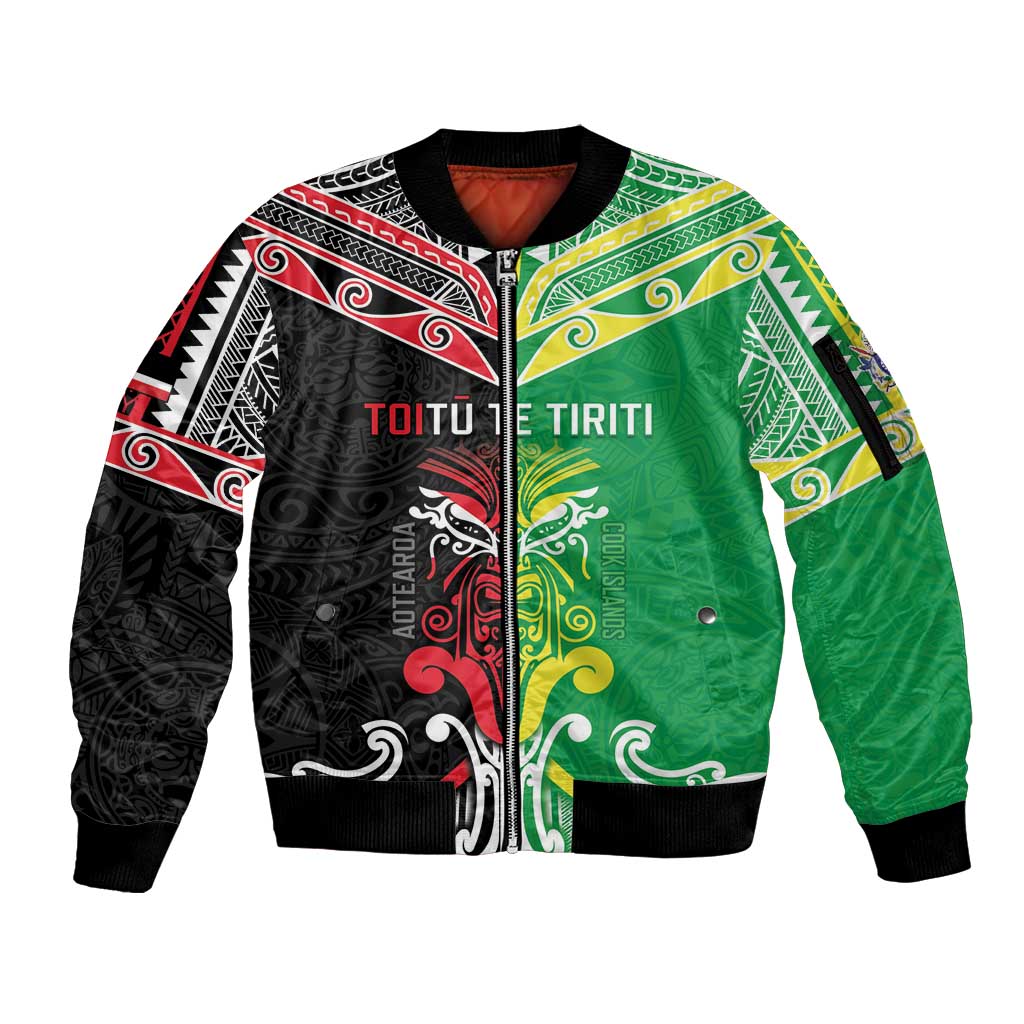 Cook Islands And Aotearoa Sleeve Zip Bomber Jacket Together For Te Tiriti O Waitangi LT05 Unisex Black - Polynesian Pride