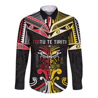 Niue And Aotearoa Long Sleeve Button Shirt Together For Te Tiriti O Waitangi LT05 Unisex Black - Polynesian Pride