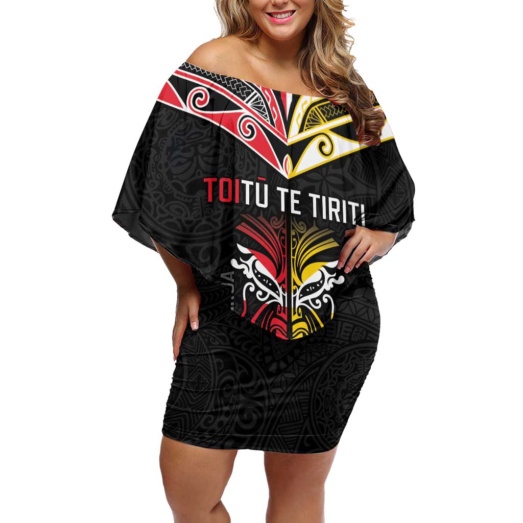 Niue And Aotearoa Off Shoulder Short Dress Together For Te Tiriti O Waitangi LT05 Women Black - Polynesian Pride