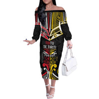 Niue And Aotearoa Off The Shoulder Long Sleeve Dress Together For Te Tiriti O Waitangi LT05 Women Black - Polynesian Pride