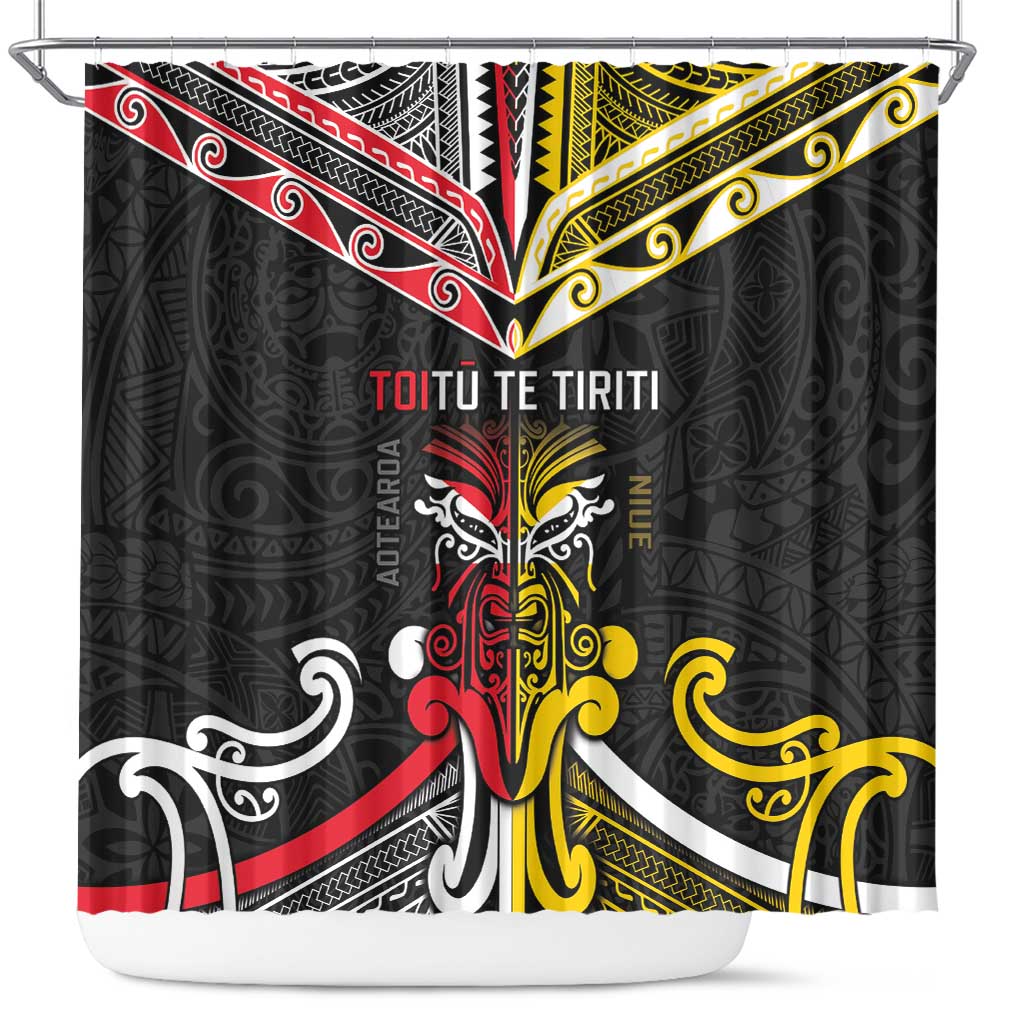 Niue And Aotearoa Shower Curtain Together For Te Tiriti O Waitangi LT05 Black - Polynesian Pride