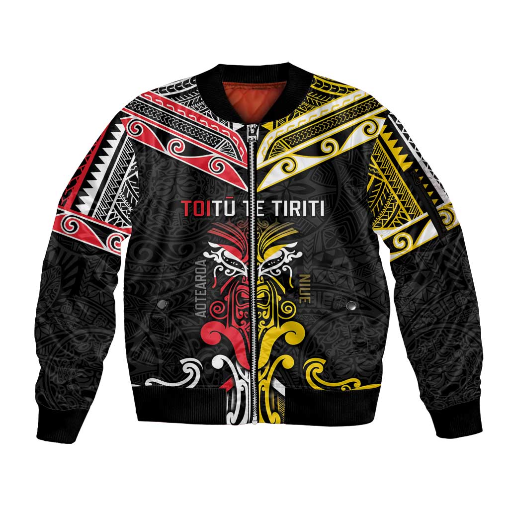 Niue And Aotearoa Sleeve Zip Bomber Jacket Together For Te Tiriti O Waitangi LT05 Unisex Black - Polynesian Pride