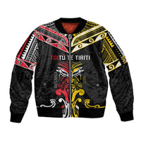 Niue And Aotearoa Sleeve Zip Bomber Jacket Together For Te Tiriti O Waitangi LT05 Unisex Black - Polynesian Pride