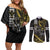 Hawaii Ikaika Warrior Helmet Couples Matching Off Shoulder Short Dress and Long Sleeve Button Shirt Gold Style