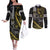 Hawaii Ikaika Warrior Helmet Couples Matching Off The Shoulder Long Sleeve Dress and Long Sleeve Button Shirt Gold Style