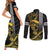 Hawaii Ikaika Warrior Helmet Couples Matching Short Sleeve Bodycon Dress and Long Sleeve Button Shirt Gold Style