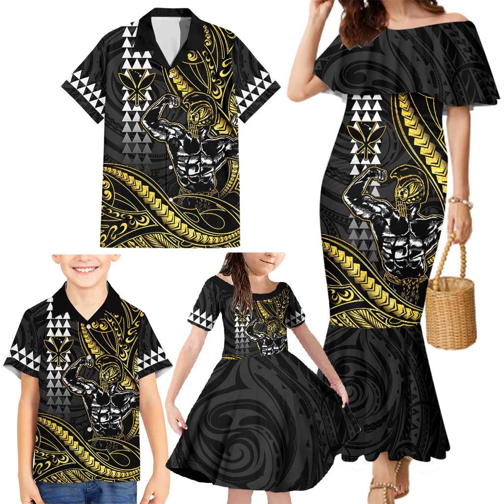 Hawaii Ikaika Warrior Helmet Family Matching Mermaid Dress and Hawaiian Shirt Gold Style