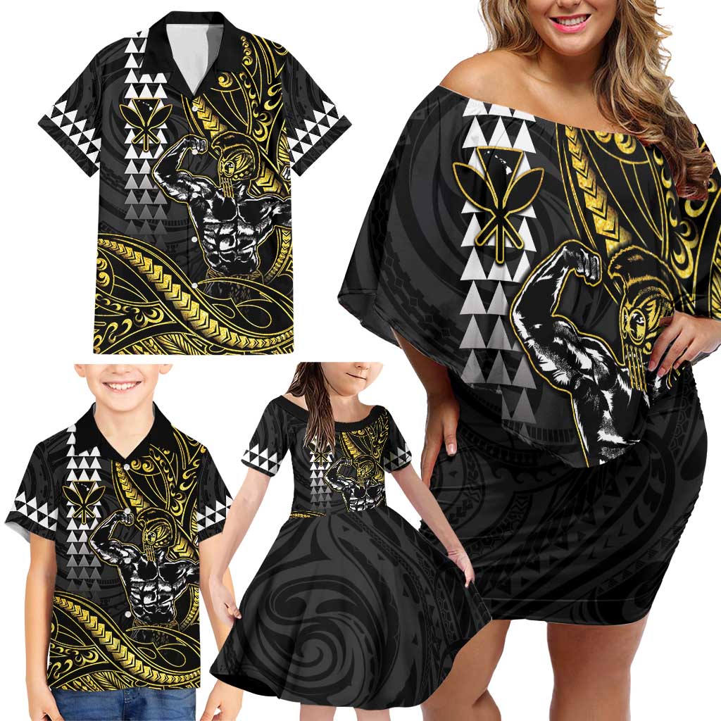 Hawaii Ikaika Warrior Helmet Family Matching Off Shoulder Short Dress and Hawaiian Shirt Gold Style