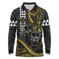 Hawaii Ikaika Warrior Helmet Long Sleeve Polo Shirt Gold Style LT05 Gold - Polynesian Pride