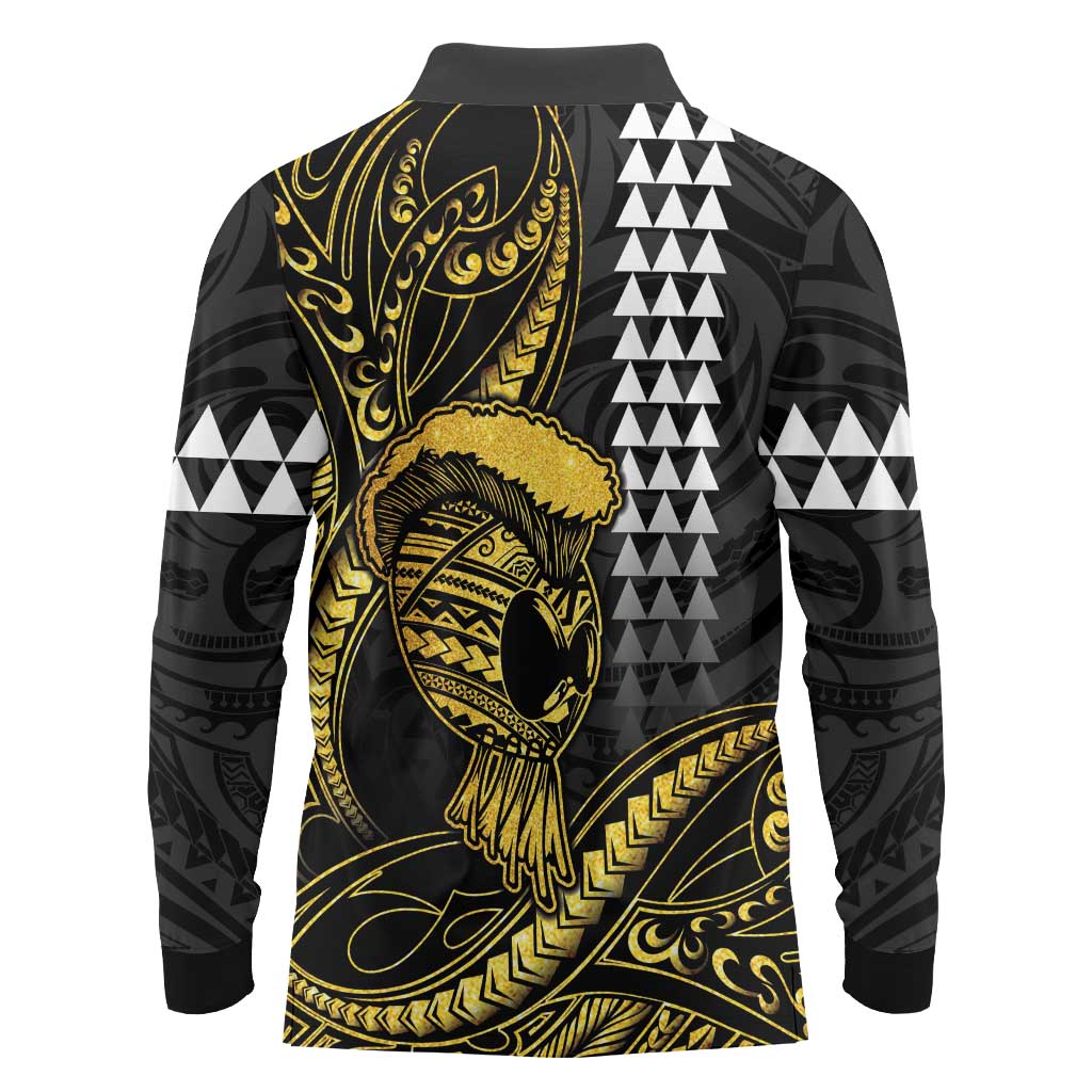Hawaii Ikaika Warrior Helmet Long Sleeve Polo Shirt Gold Style LT05 - Polynesian Pride