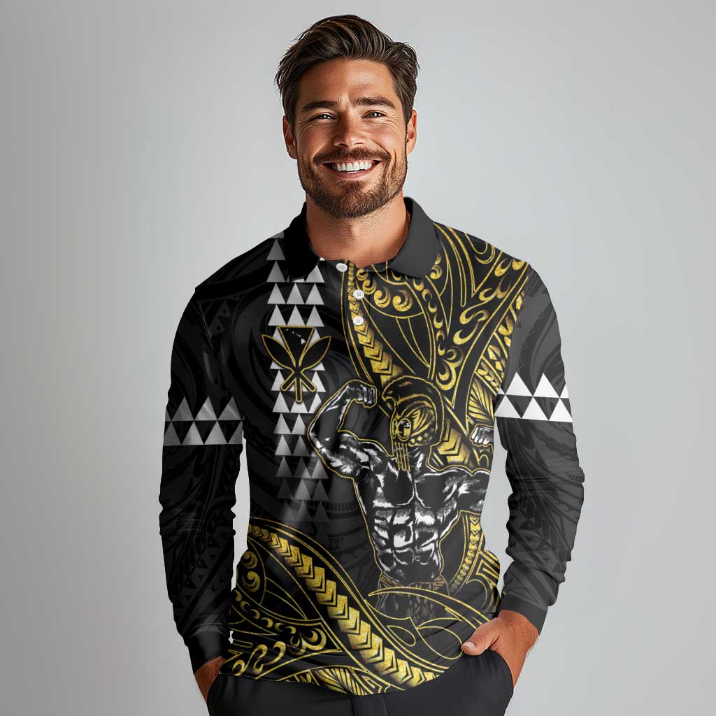 Hawaii Ikaika Warrior Helmet Long Sleeve Polo Shirt Gold Style LT05 - Polynesian Pride