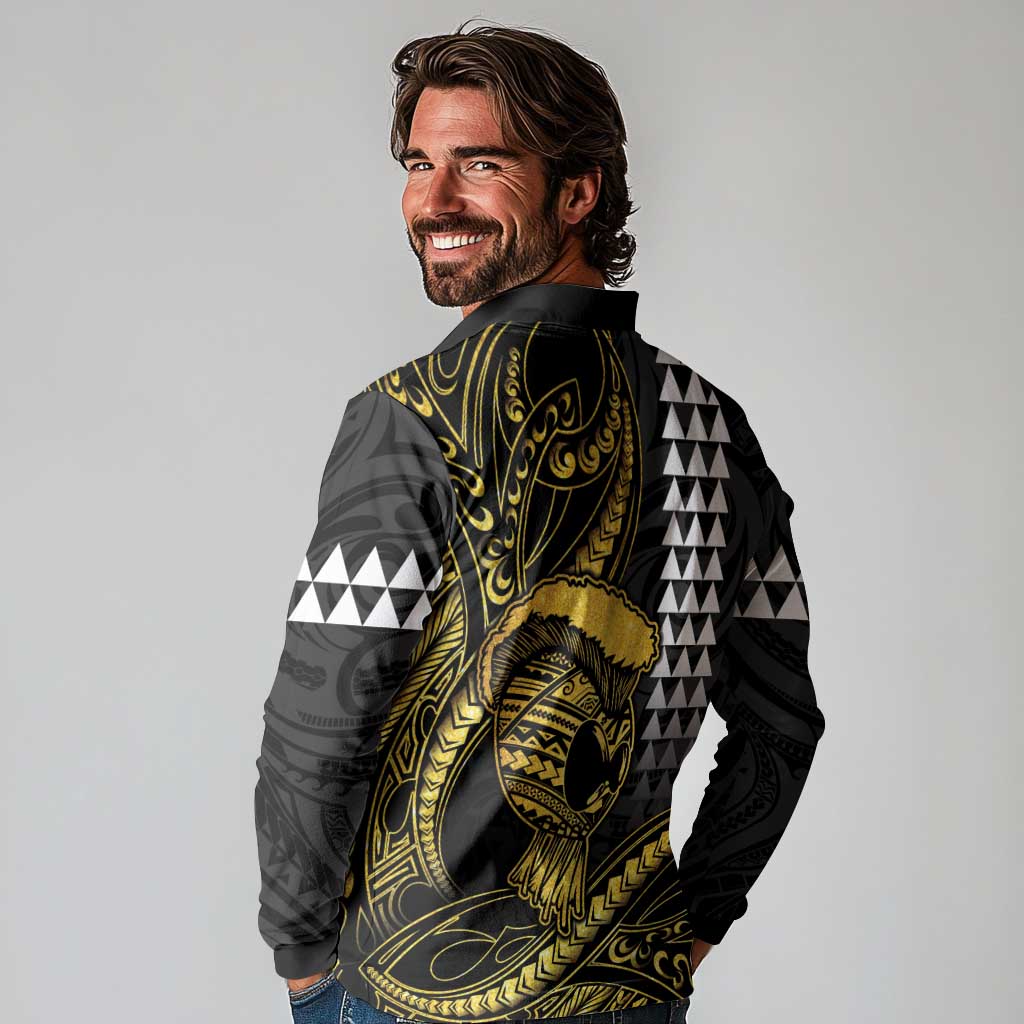 Hawaii Ikaika Warrior Helmet Long Sleeve Polo Shirt Gold Style LT05 - Polynesian Pride