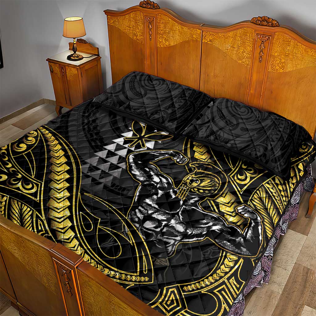 Hawaii Ikaika Warrior Helmet Quilt Bed Set Gold Style LT05 - Polynesian Pride