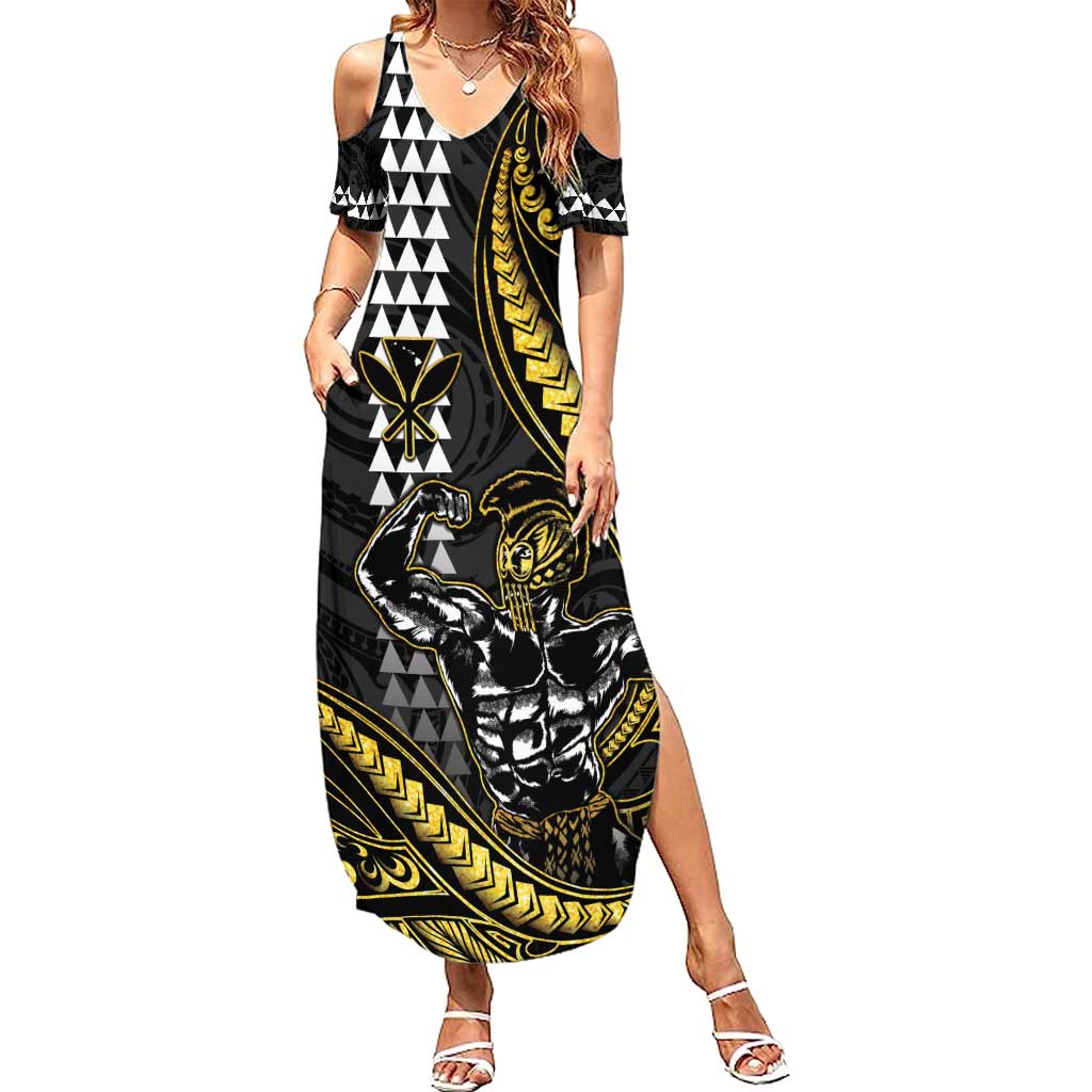 Hawaii Ikaika Warrior Helmet Summer Maxi Dress Gold Style LT05 Women Gold - Polynesian Pride