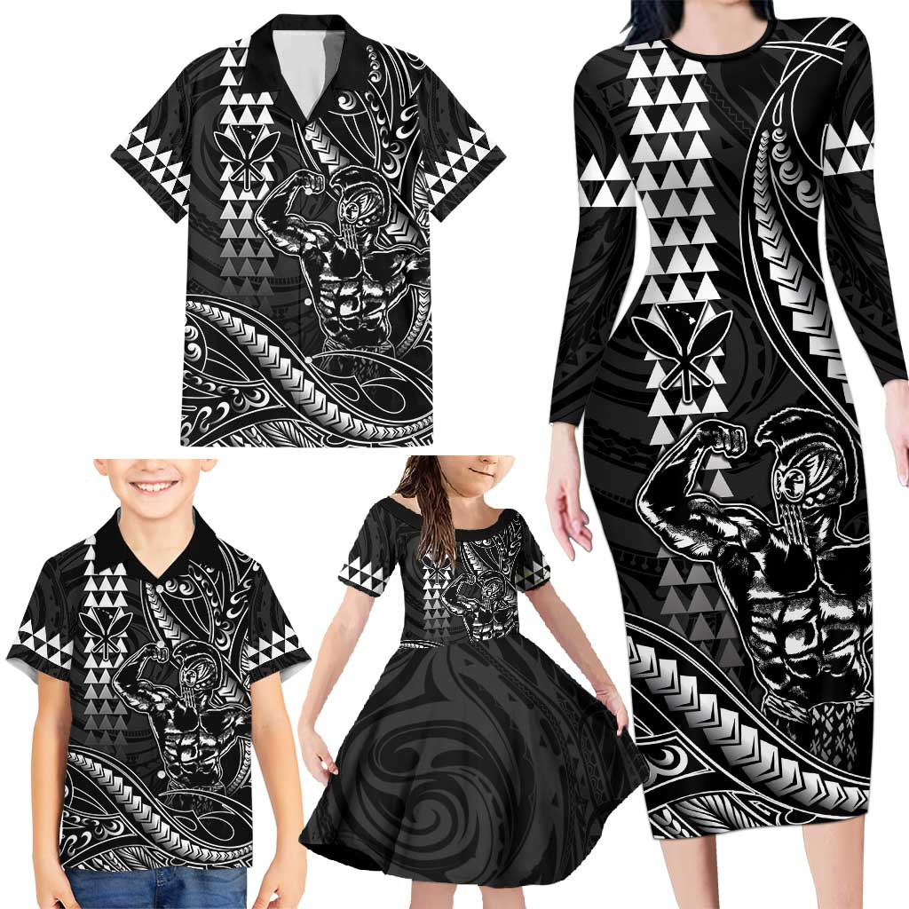 Hawaii Ikaika Warrior Helmet Family Matching Long Sleeve Bodycon Dress and Hawaiian Shirt Black Tribal Tattoo