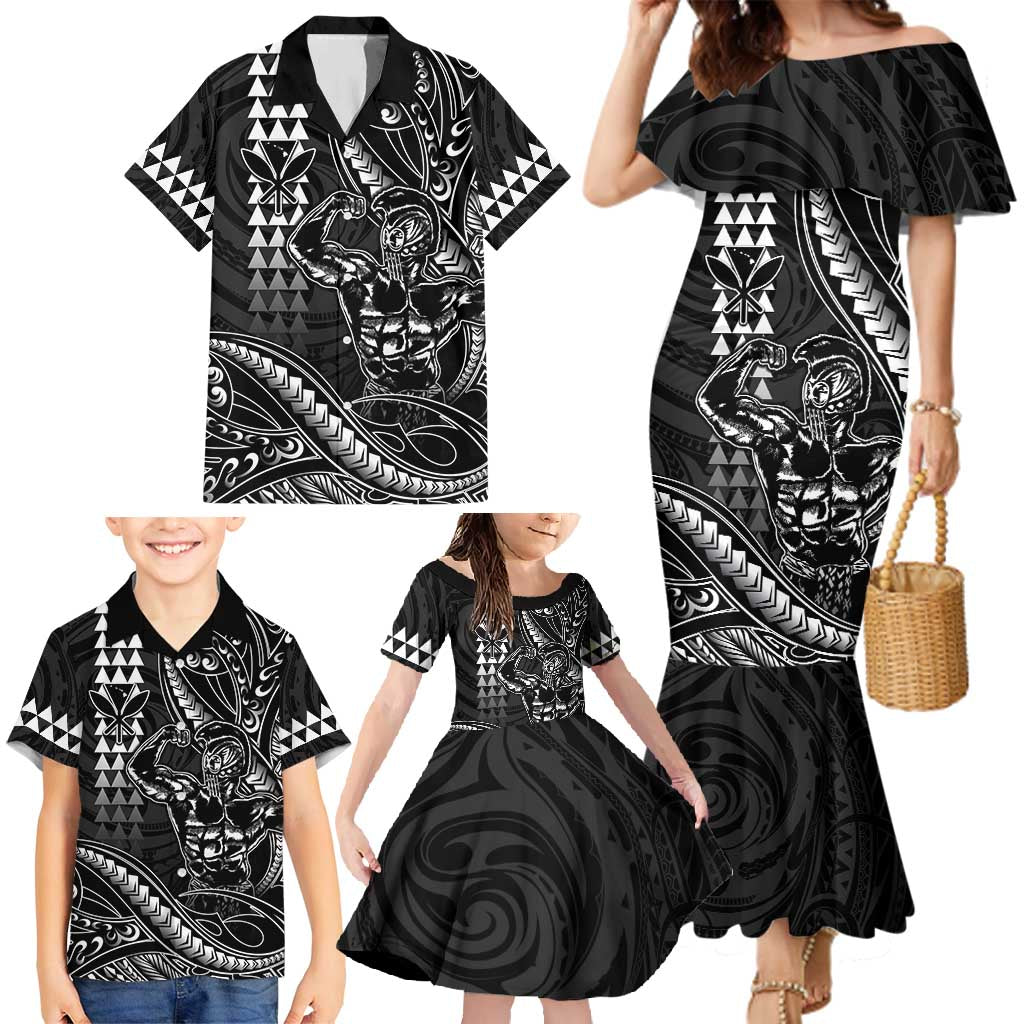 Hawaii Ikaika Warrior Helmet Family Matching Mermaid Dress and Hawaiian Shirt Black Tribal Tattoo