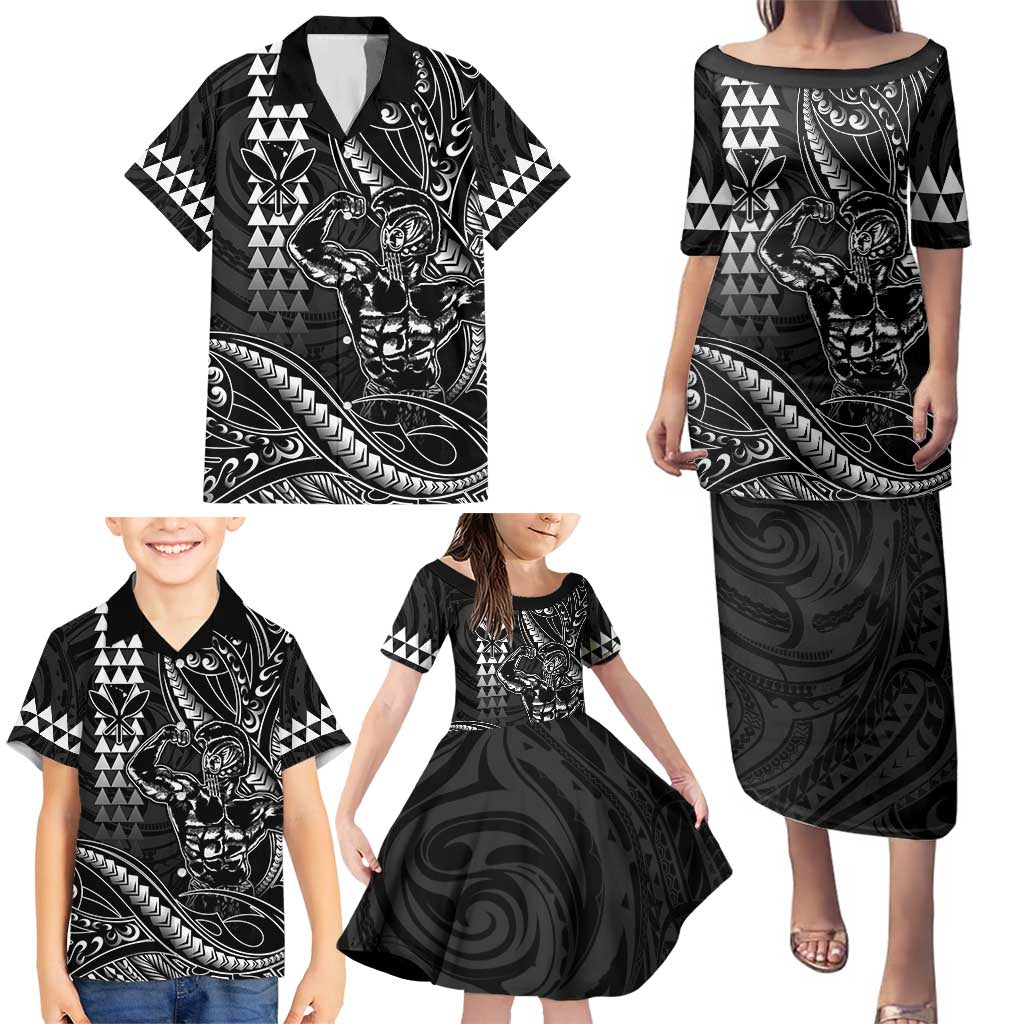 Hawaii Ikaika Warrior Helmet Family Matching Puletasi and Hawaiian Shirt Black Tribal Tattoo