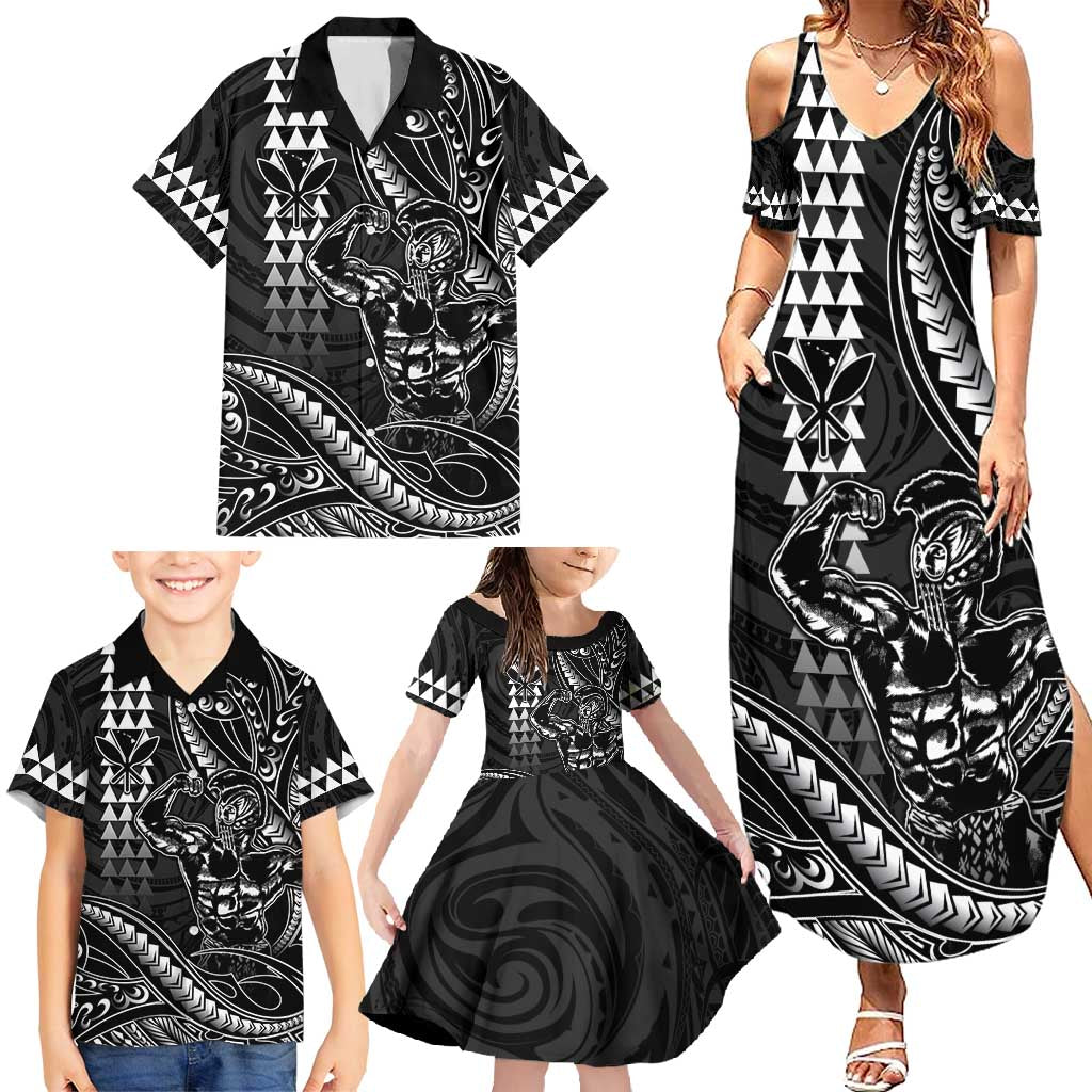 Hawaii Ikaika Warrior Helmet Family Matching Summer Maxi Dress and Hawaiian Shirt Black Tribal Tattoo