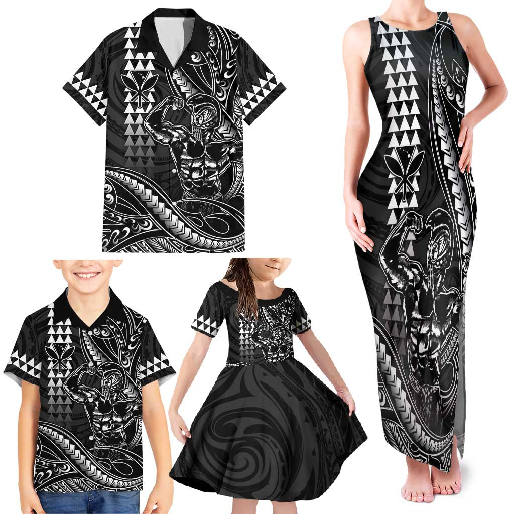 Hawaii Ikaika Warrior Helmet Family Matching Tank Maxi Dress and Hawaiian Shirt Black Tribal Tattoo