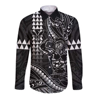 Hawaii Ikaika Warrior Helmet Long Sleeve Button Shirt Black Tribal Tattoo LT05 Unisex Black - Polynesian Pride
