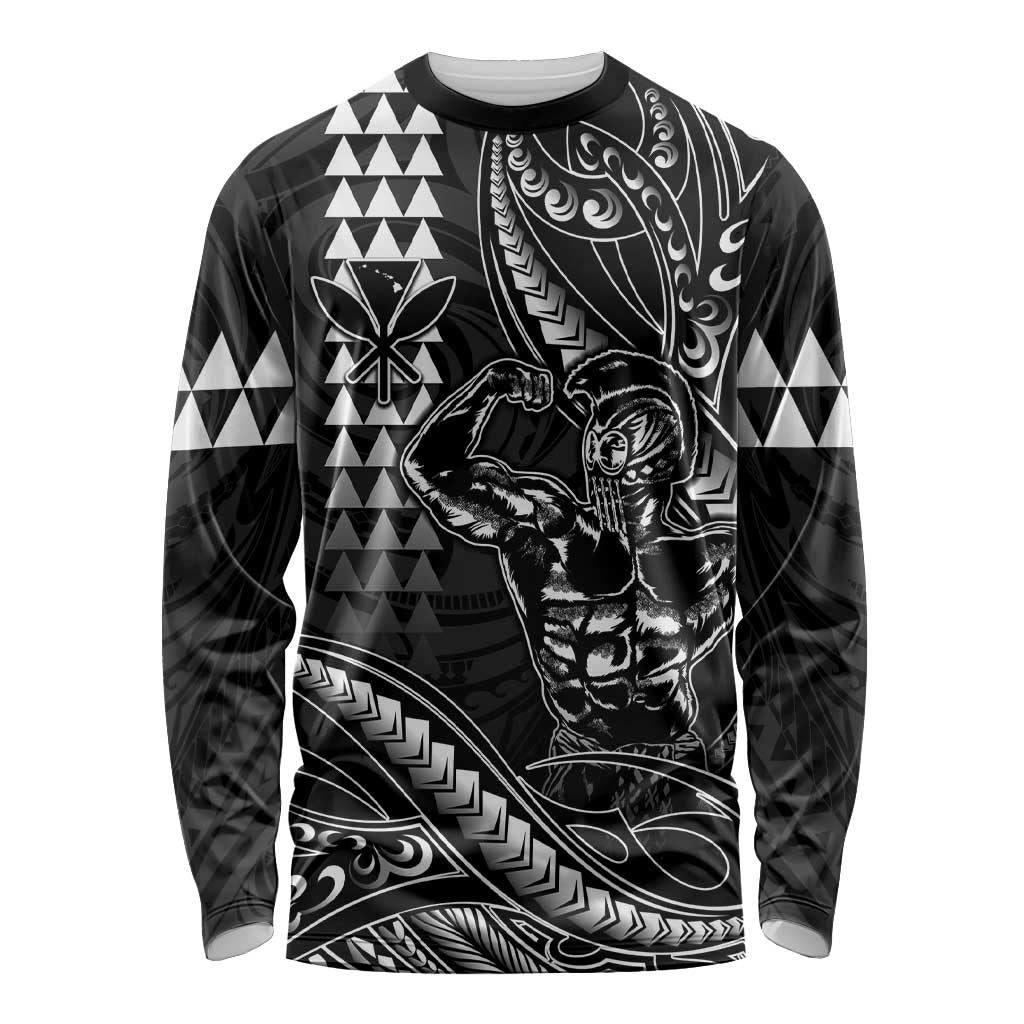 Hawaii Ikaika Warrior Helmet Long Sleeve Shirt Black Tribal Tattoo LT05 Unisex Black - Polynesian Pride