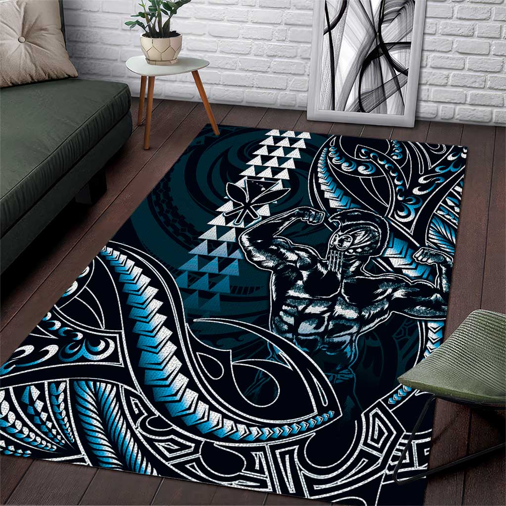 Hawaii Ikaika Warrior Helmet Area Rug Blue Tribal Tattoo LT05 Blue - Polynesian Pride