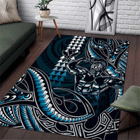 Hawaii Ikaika Warrior Helmet Area Rug Blue Tribal Tattoo LT05 Blue - Polynesian Pride
