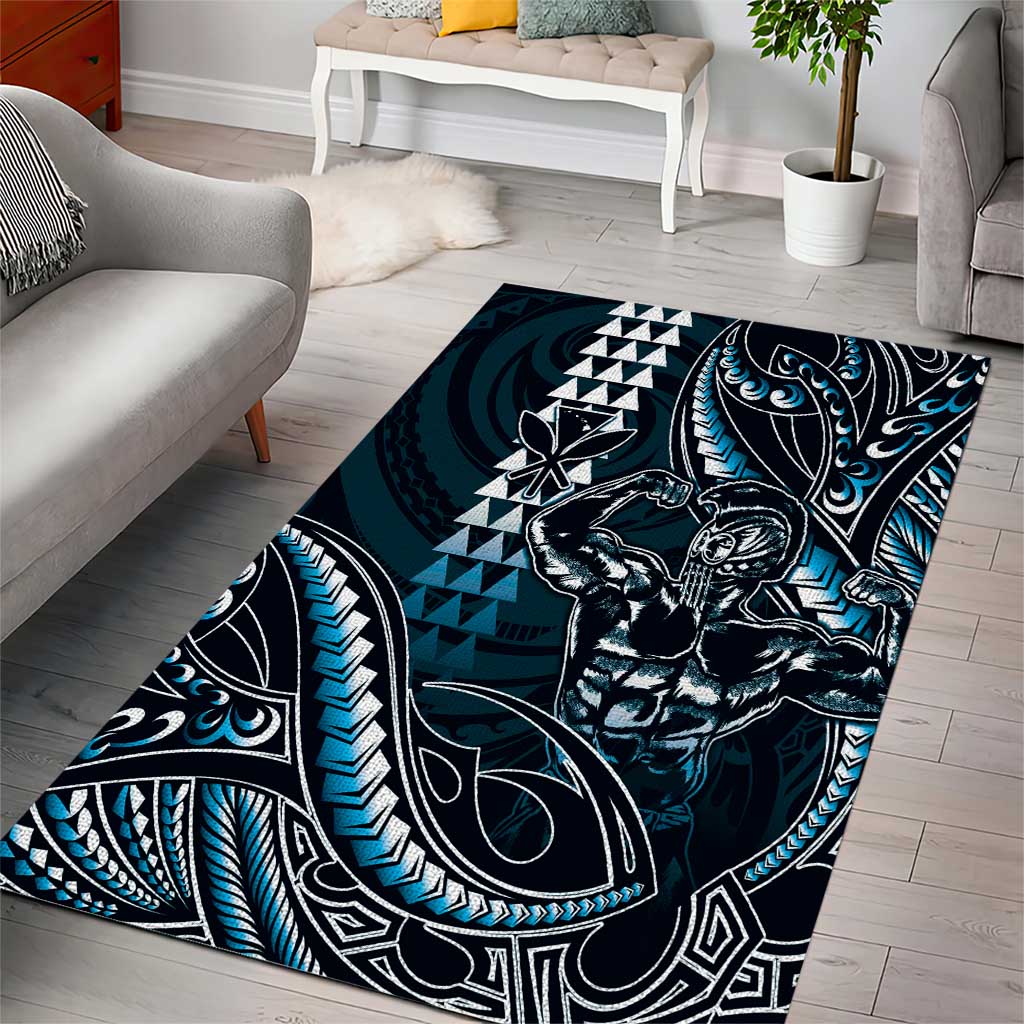 Hawaii Ikaika Warrior Helmet Area Rug Blue Tribal Tattoo LT05 - Polynesian Pride