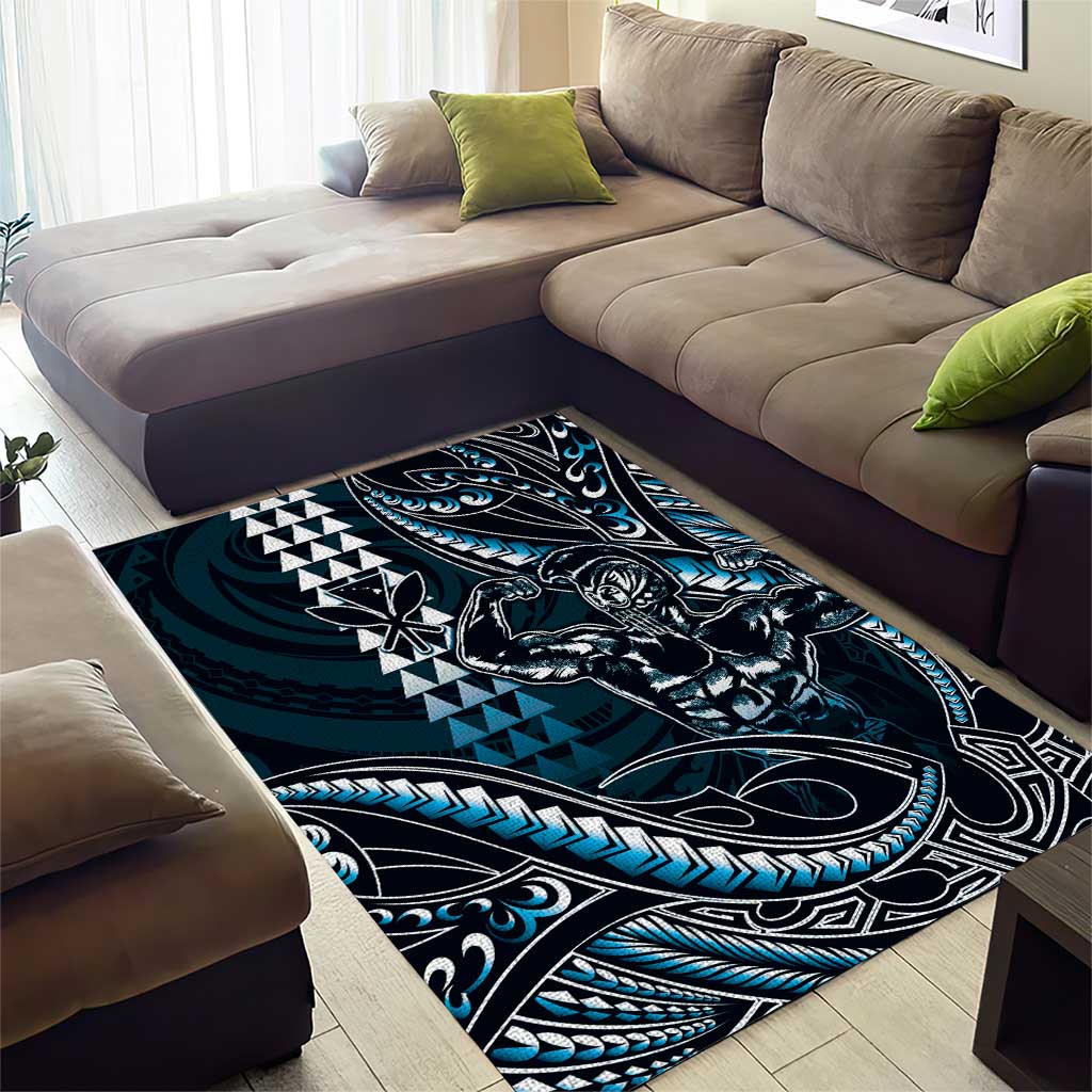 Hawaii Ikaika Warrior Helmet Area Rug Blue Tribal Tattoo LT05 - Polynesian Pride