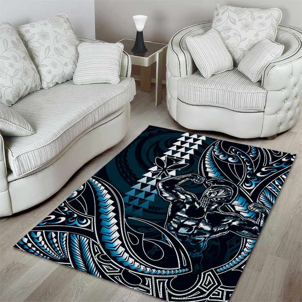 Hawaii Ikaika Warrior Helmet Area Rug Blue Tribal Tattoo LT05 - Polynesian Pride