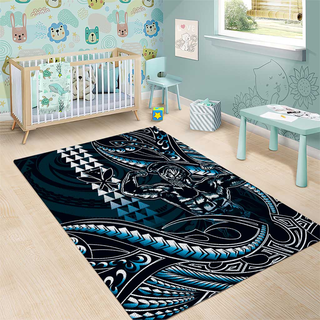 Hawaii Ikaika Warrior Helmet Area Rug Blue Tribal Tattoo LT05 - Polynesian Pride