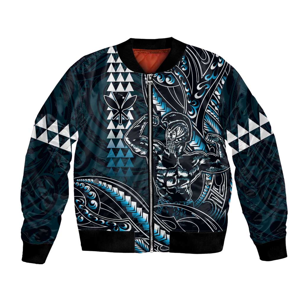Hawaii Ikaika Warrior Helmet Bomber Jacket Blue Tribal Tattoo LT05 Unisex Blue - Polynesian Pride