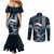 Hawaii Ikaika Warrior Helmet Couples Matching Mermaid Dress and Long Sleeve Button Shirt Blue Tribal Tattoo