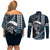 Hawaii Ikaika Warrior Helmet Couples Matching Off Shoulder Short Dress and Long Sleeve Button Shirt Blue Tribal Tattoo