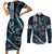 Hawaii Ikaika Warrior Helmet Couples Matching Short Sleeve Bodycon Dress and Long Sleeve Button Shirt Blue Tribal Tattoo