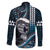 Hawaii Ikaika Warrior Helmet Family Matching Off The Shoulder Long Sleeve Dress and Hawaiian Shirt Blue Tribal Tattoo