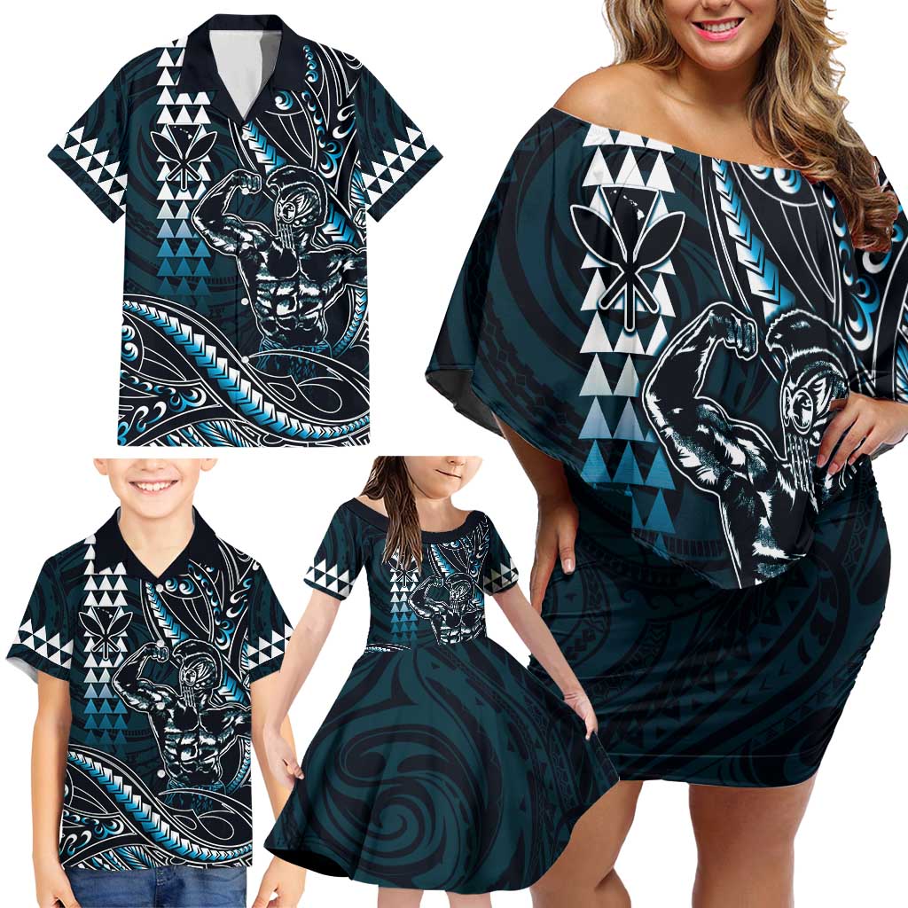 Hawaii Ikaika Warrior Helmet Family Matching Off Shoulder Short Dress and Hawaiian Shirt Blue Tribal Tattoo