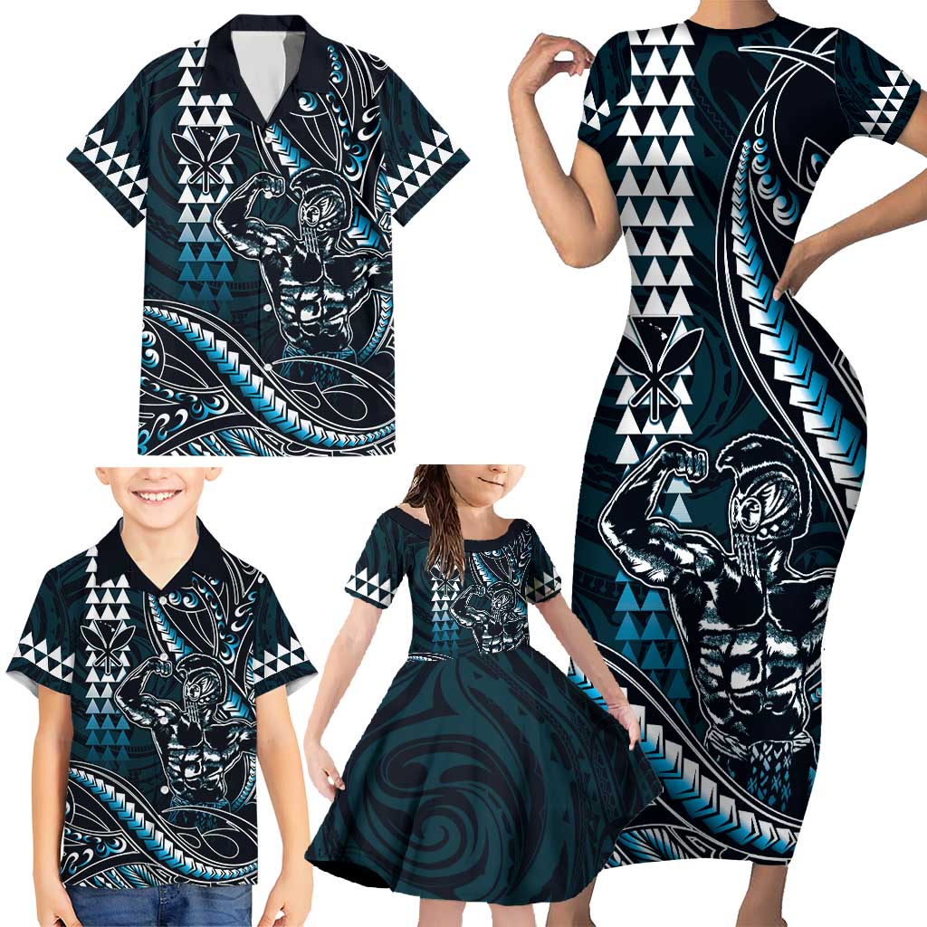 Hawaii Ikaika Warrior Helmet Family Matching Short Sleeve Bodycon Dress and Hawaiian Shirt Blue Tribal Tattoo