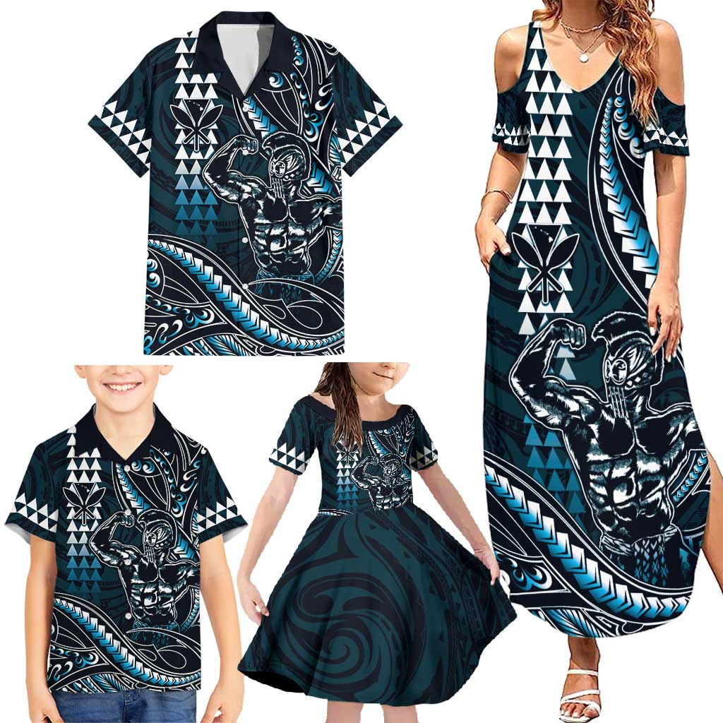 Hawaii Ikaika Warrior Helmet Family Matching Summer Maxi Dress and Hawaiian Shirt Blue Tribal Tattoo