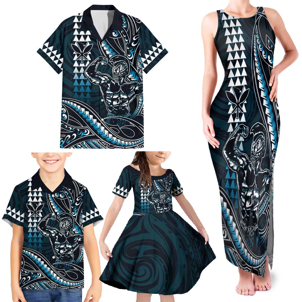 Hawaii Ikaika Warrior Helmet Family Matching Tank Maxi Dress and Hawaiian Shirt Blue Tribal Tattoo