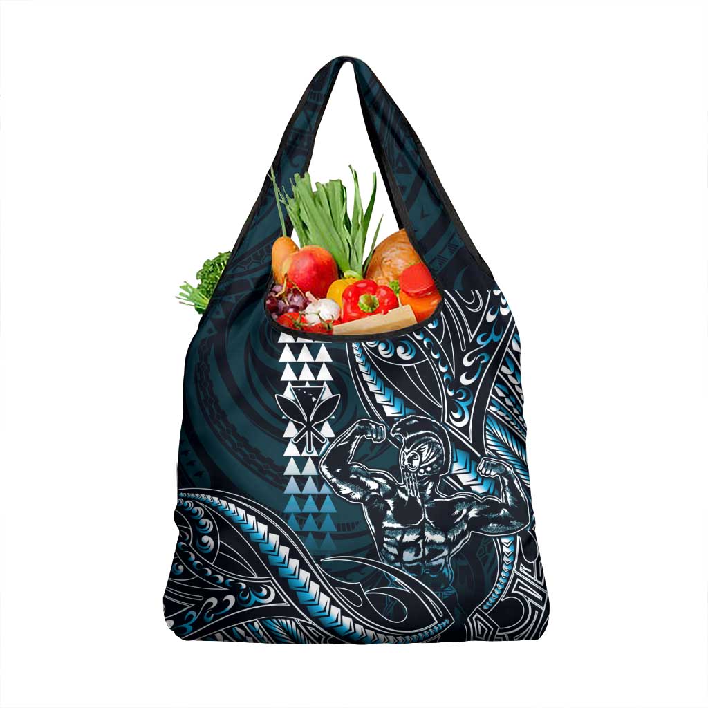 Hawaii Ikaika Warrior Helmet Grocery Bag Blue Tribal Tattoo LT05 1-pack One Size Blue - Polynesian Pride