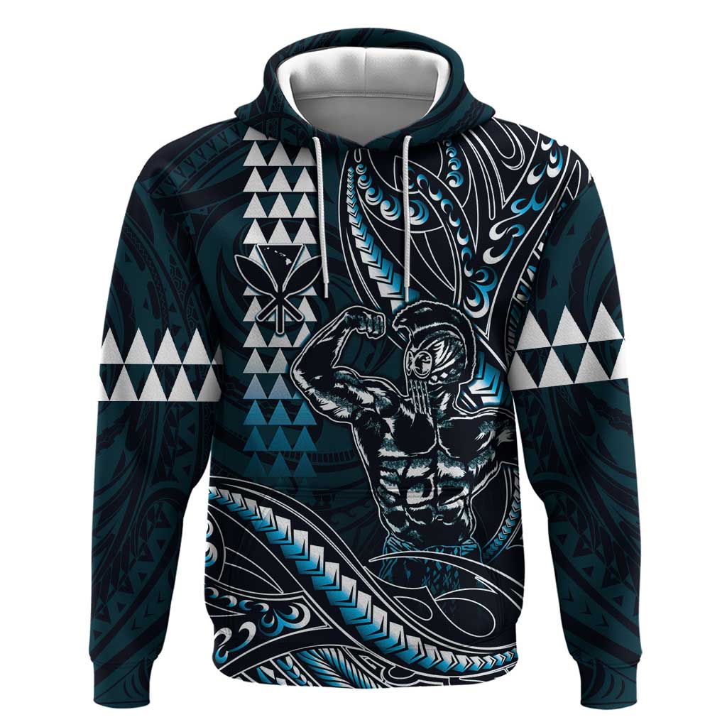 Hawaii Ikaika Warrior Helmet Hoodie Blue Tribal Tattoo LT05 Pullover Hoodie Blue - Polynesian Pride