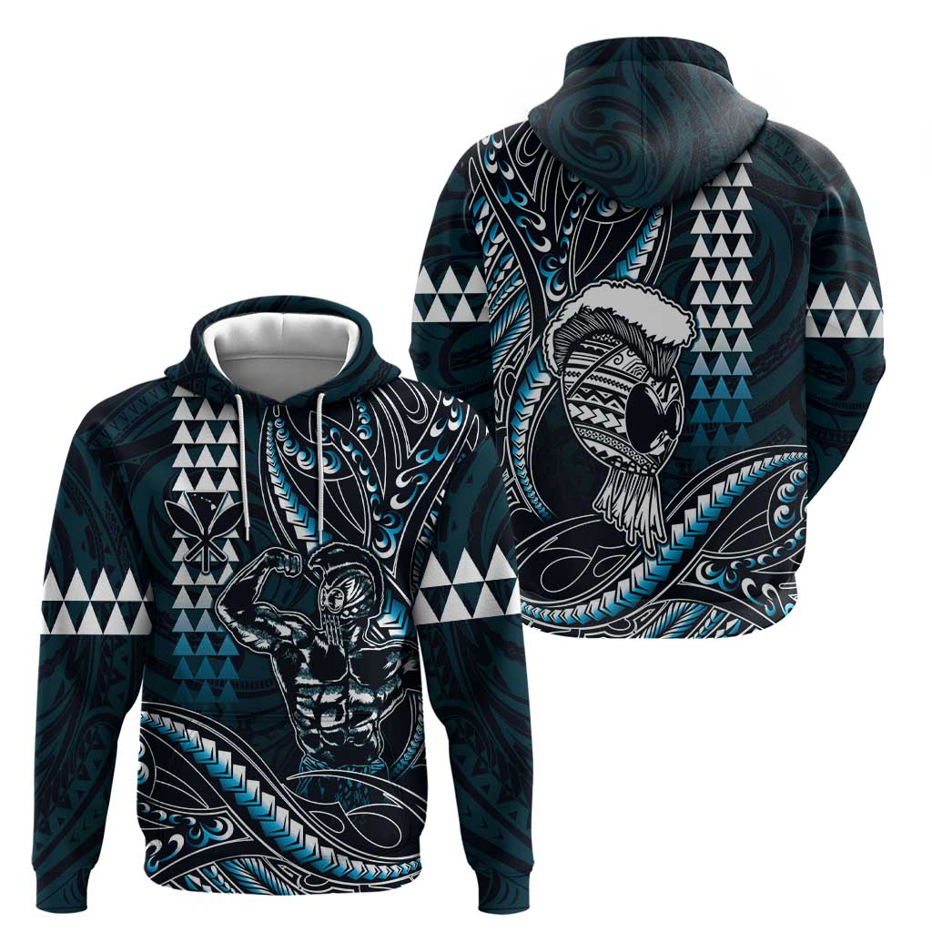 Hawaii Ikaika Warrior Helmet Hoodie Blue Tribal Tattoo LT05 - Polynesian Pride