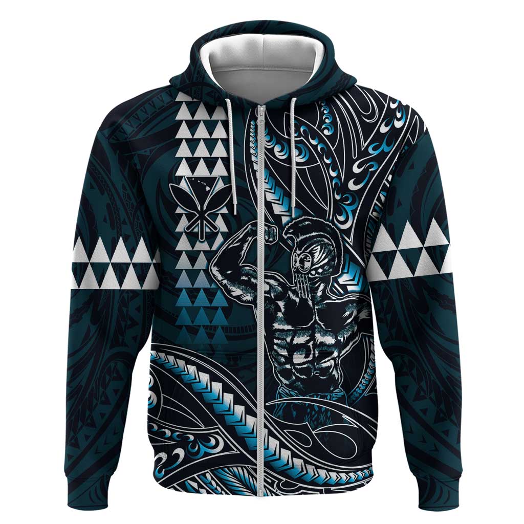Hawaii Ikaika Warrior Helmet Hoodie Blue Tribal Tattoo LT05 Zip Hoodie Blue - Polynesian Pride