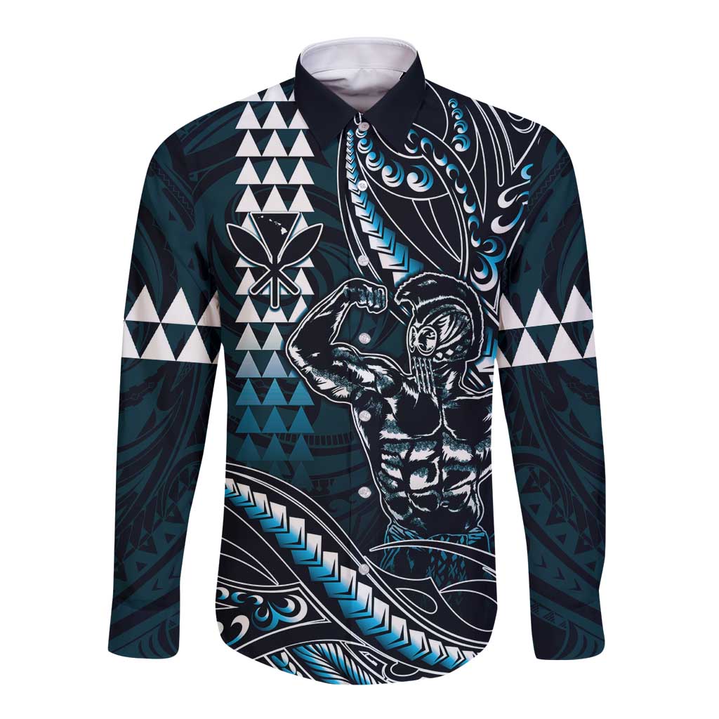 Hawaii Ikaika Warrior Helmet Long Sleeve Button Shirt Blue Tribal Tattoo